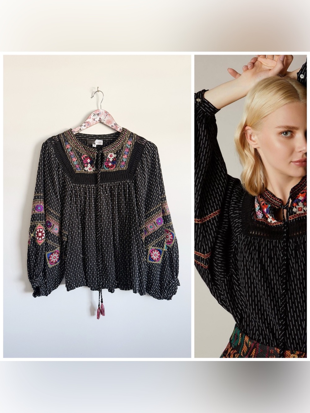 PIPER AND SCOOT Black White Embroidered Tassel Tie Top Blouse M Medium